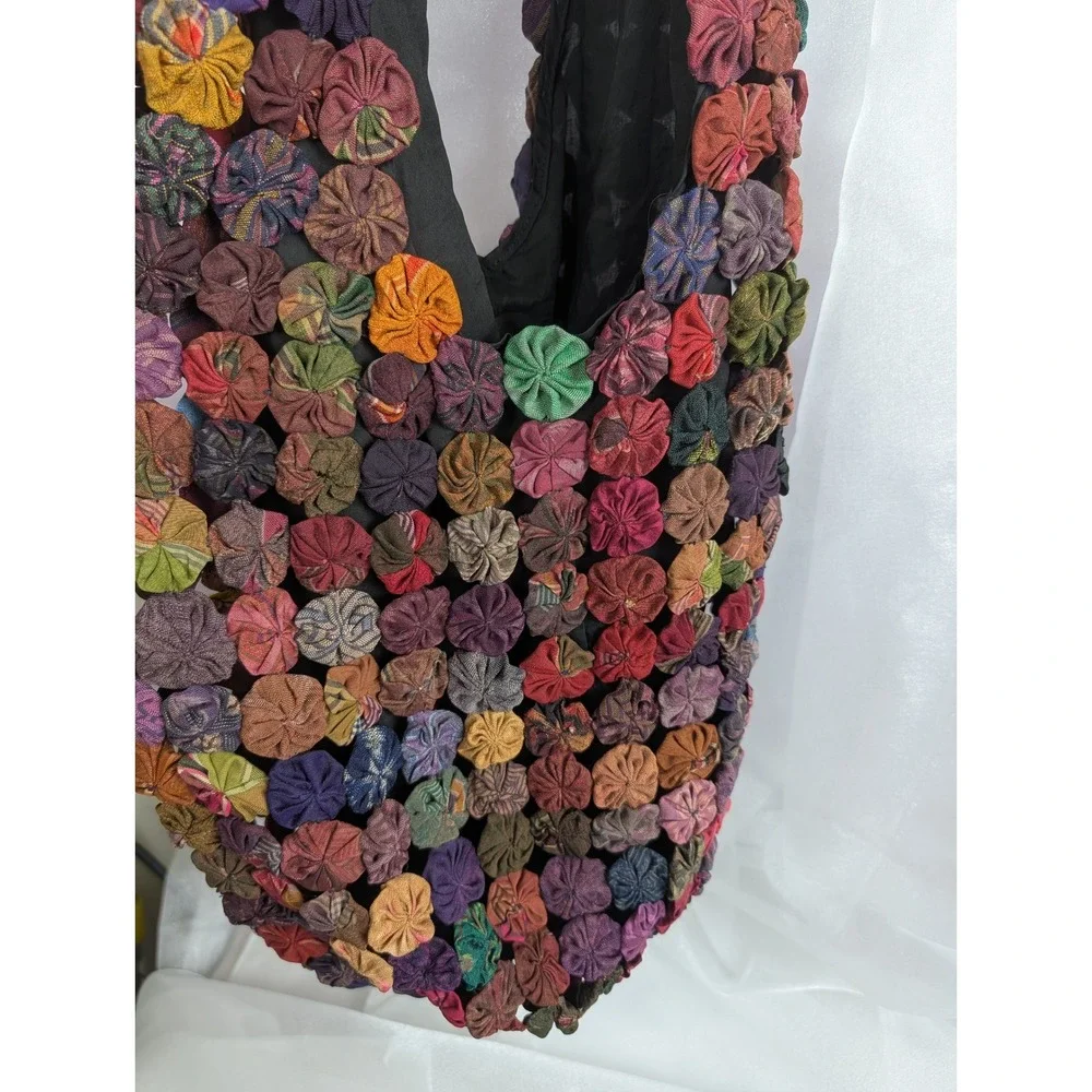 Boho Multicolor Thai Silk yo-yo Floral Hobo‎ Bag Purse Handcrafted Shoulder Bag